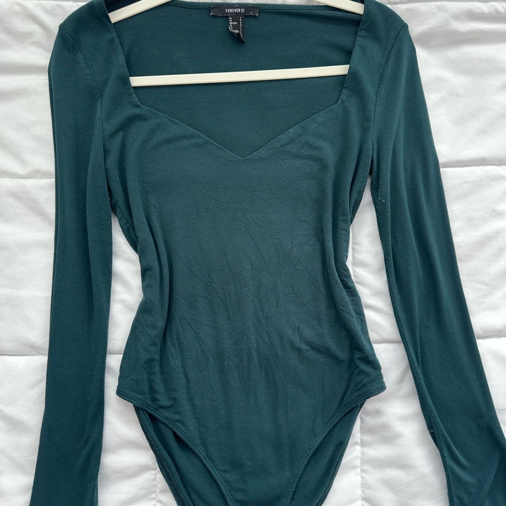 Forever 21 Teal Long-Sleeve V-Neck Bodysuit